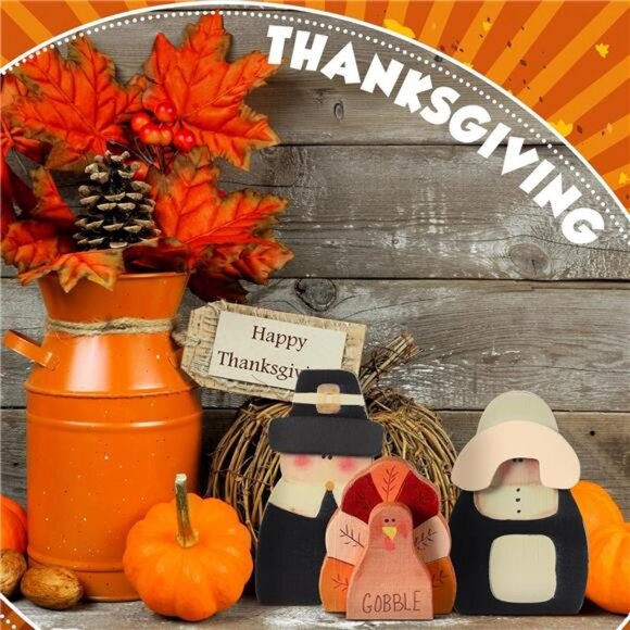 3 Pcs Fall Thanksgiving Decorations Fall Wooden Turkey Pilgrim Couple Table Sign - Picture 6 of 7